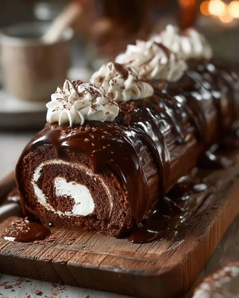Deliciously rolled chocolate cake with cream filling and chocolate drizzle