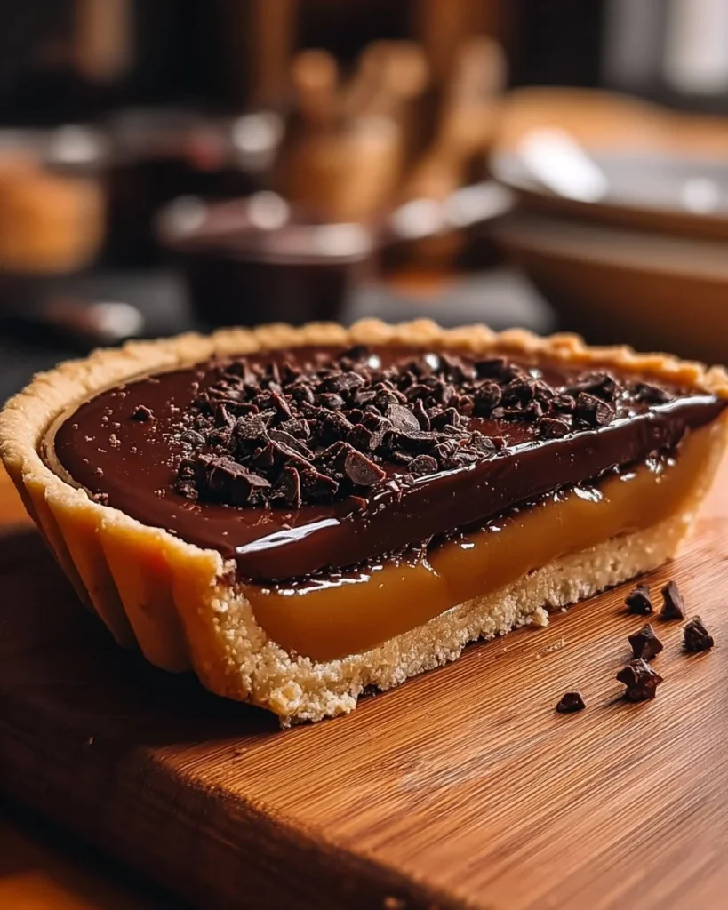 Decadent Chocolate Salted Caramel Tart topped with a sprinkle of sea salt