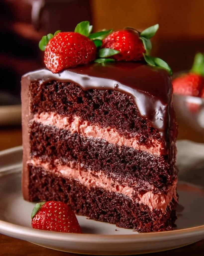 Delicious Chocolate Strawberry Cake layered with fresh strawberries and chocolate frosting.