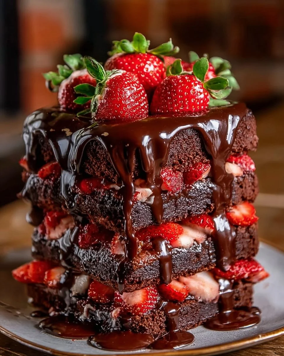 Delicious Chocolate Strawberry Cascade Cake with fresh strawberries and chocolate drizzle