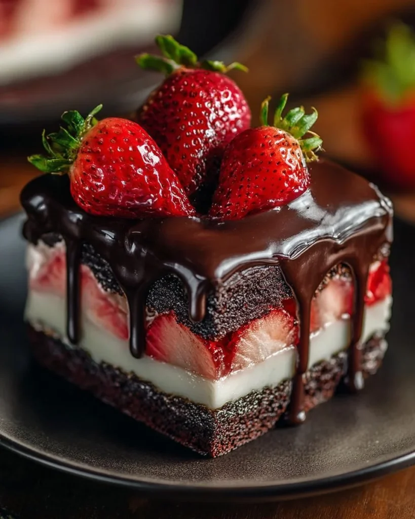 Delicious Chocolate Strawberry Cheesecake topped with fresh strawberries