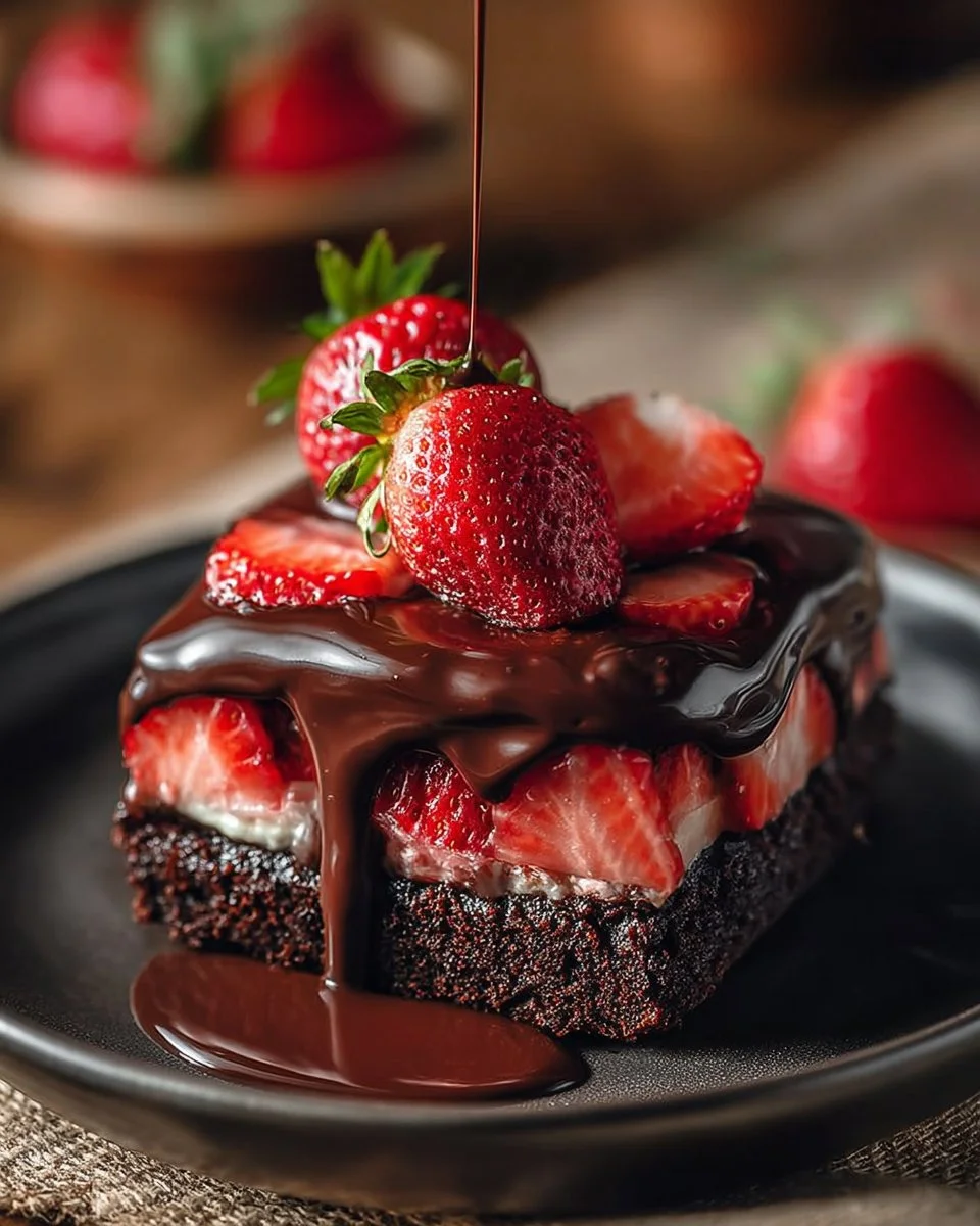 Delicious slice of Chocolate Strawberry Cheesecake with fresh strawberries