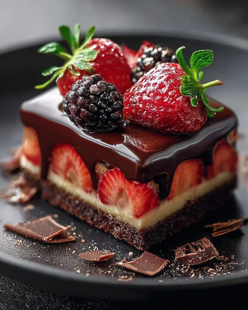 Delicious Chocolate Strawberry Cheesecake Bars displayed on a plate