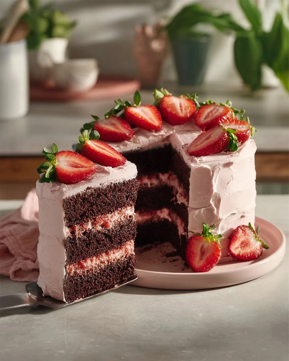 Delicious Chocolate Strawberry Dream Cake topped with fresh strawberries and chocolate frosting.