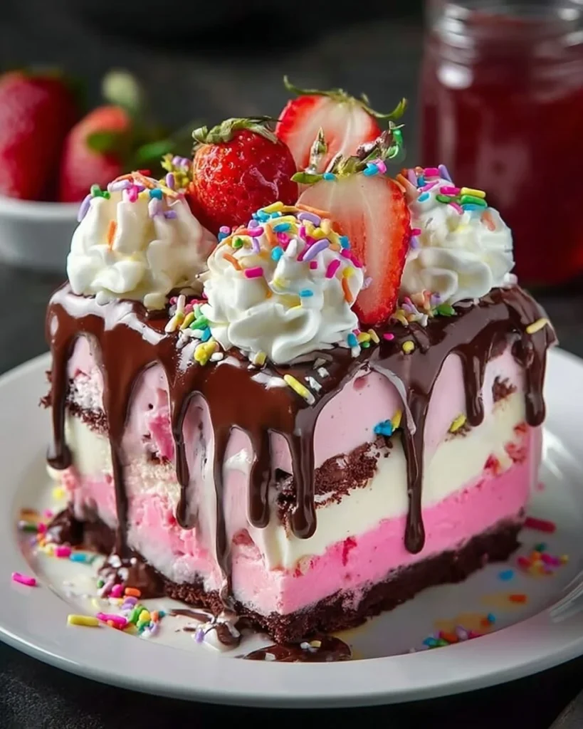 Chocolate Strawberry Fantasy Ice Cream Cake with chocolate and strawberry layers