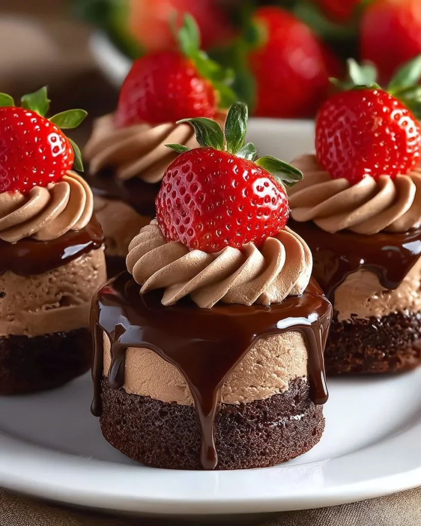 Delicious chocolate strawberry mini cakes topped with fresh strawberries