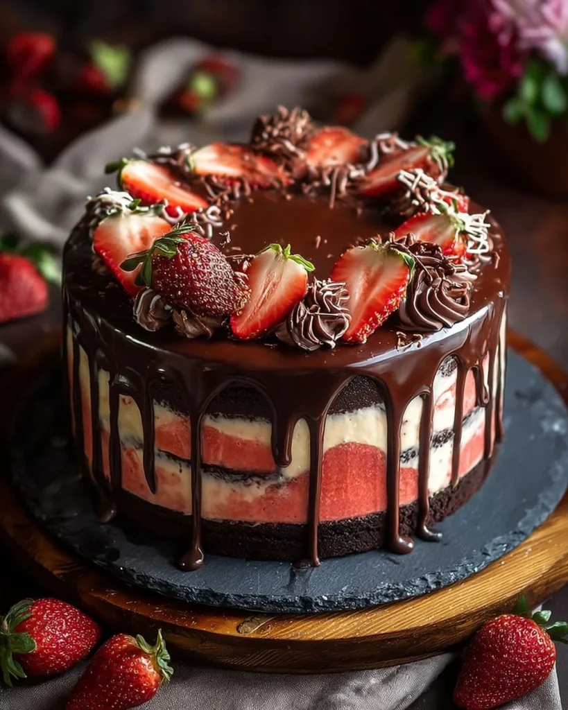 Chocolate Strawberry Swirl Cheesecake topped with fresh strawberries and chocolate drizzle
