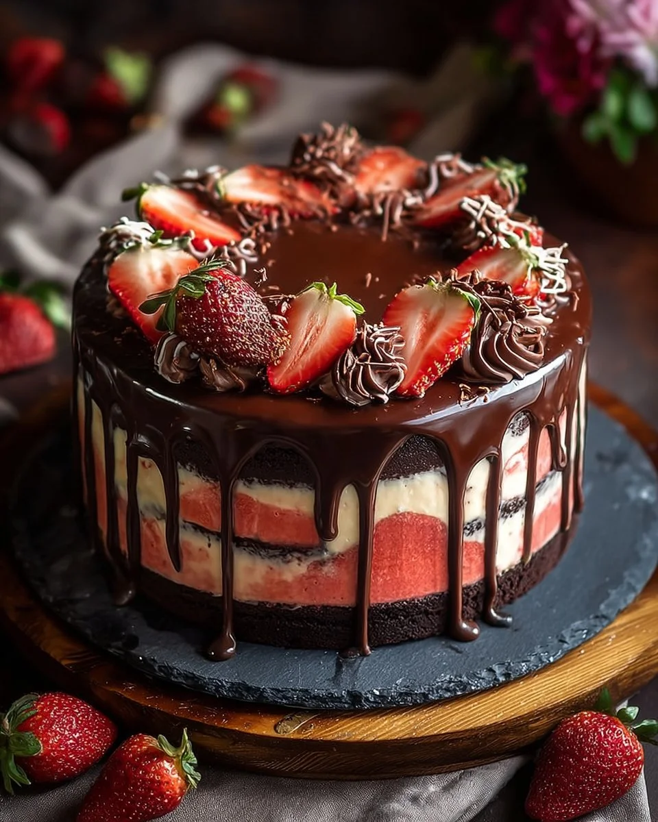 Chocolate Strawberry Swirl Cheesecake topped with fresh strawberries and chocolate drizzle