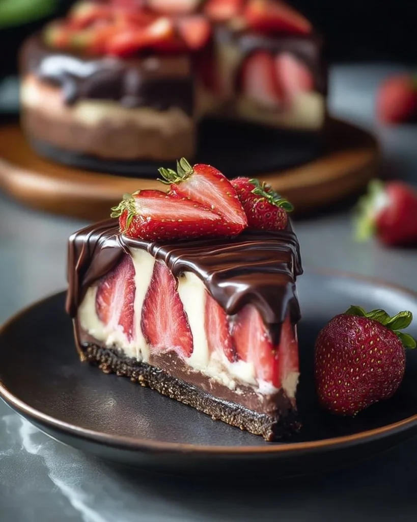Delicious Chocolate Strawberry Swirl Cheesecake with rich chocolate and fresh strawberries