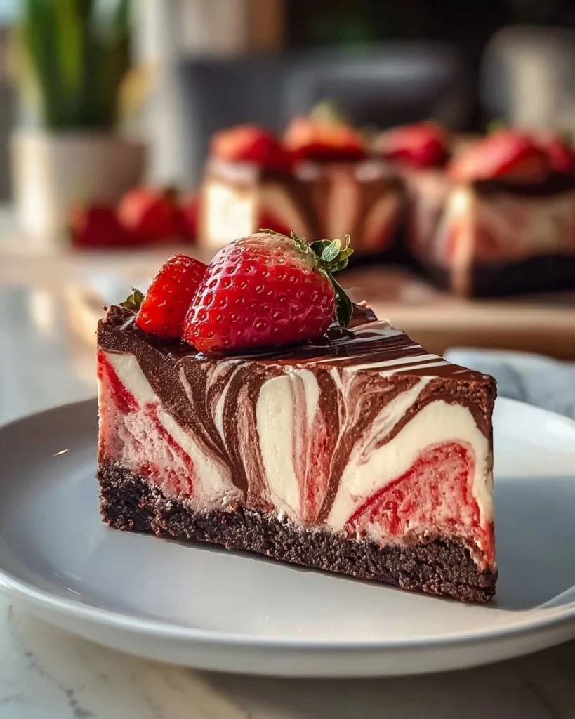 Delicious chocolate strawberry cheesecake slice topped with fresh strawberries