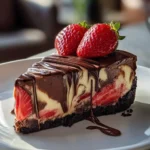 Delicious Chocolate Strawberry Cheesecake with a rich swirl of chocolate and fresh strawberries