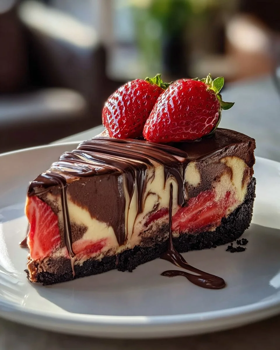 Delicious Chocolate Strawberry Cheesecake with a rich swirl of chocolate and fresh strawberries