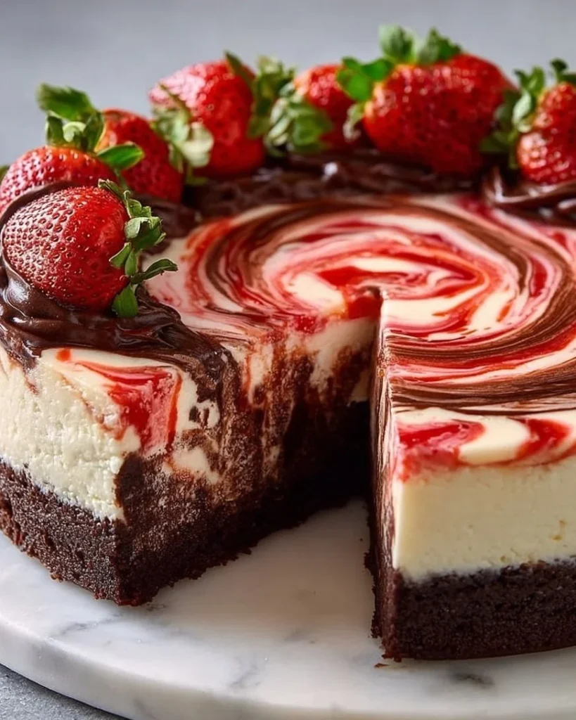 Delicious Chocolate Strawberry Swirl Cheesecake topped with fresh strawberries.