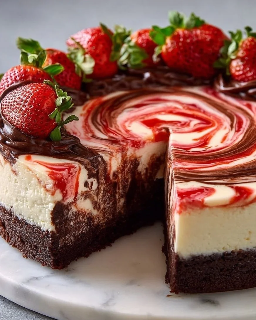 Delicious Chocolate Strawberry Swirl Cheesecake topped with fresh strawberries.