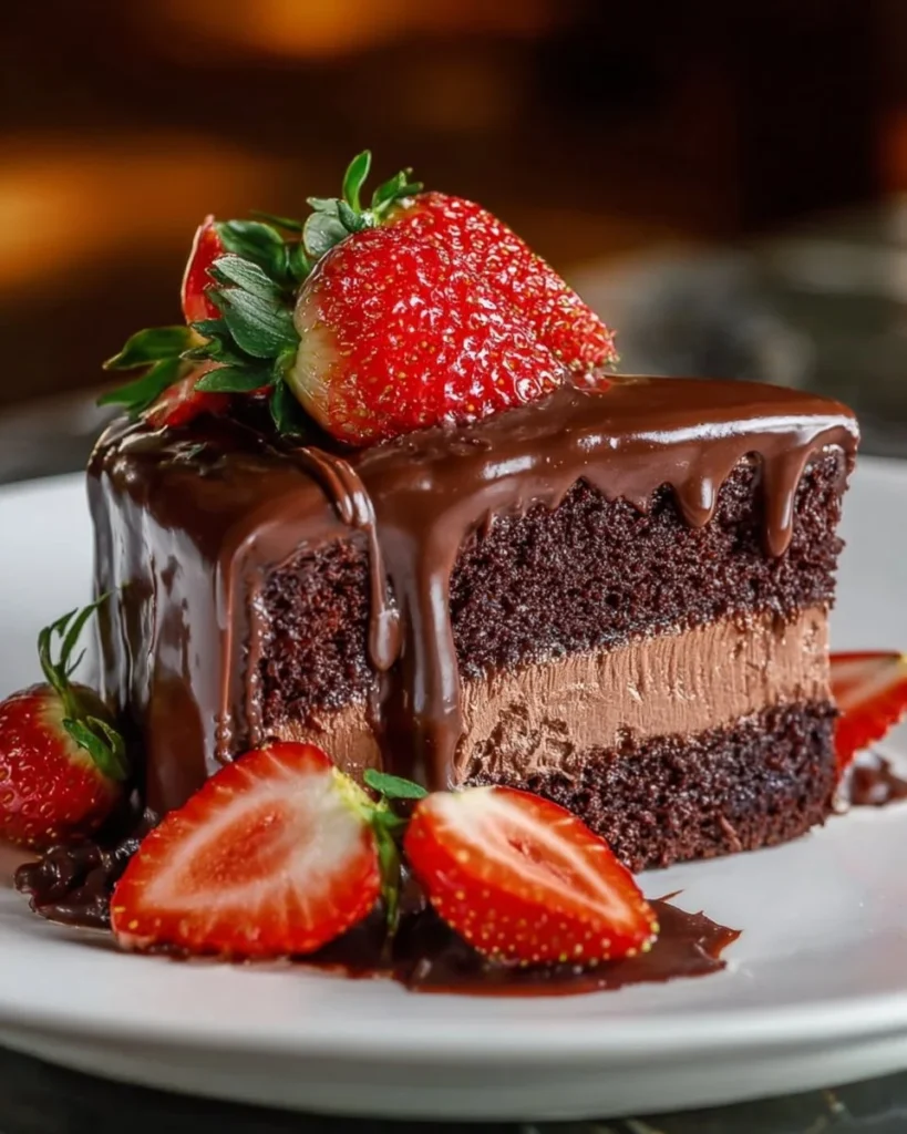 Decadent Chocolate Whipped Cream Cake garnished with fresh strawberries