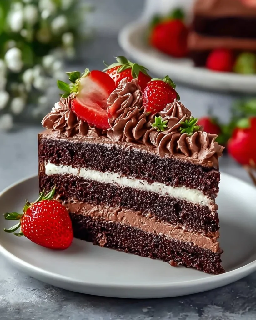 Chocolate Whipped Cream Cake topped with fresh strawberries