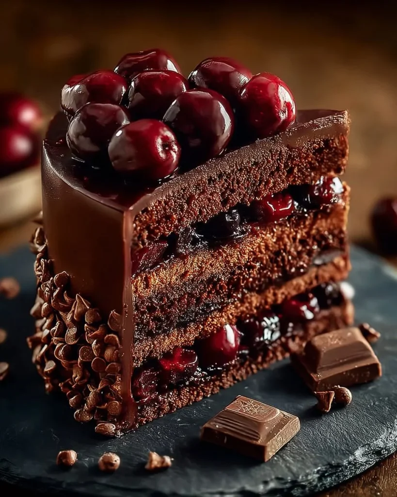 Chocolatey Cherry Bliss Cake topped with cherries and chocolate drizzles