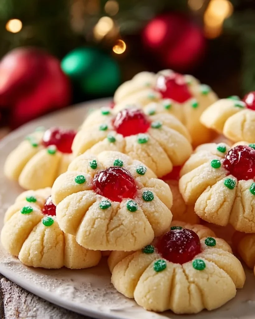 Freshly baked Christmas Butter Cookies on a festive holiday platter