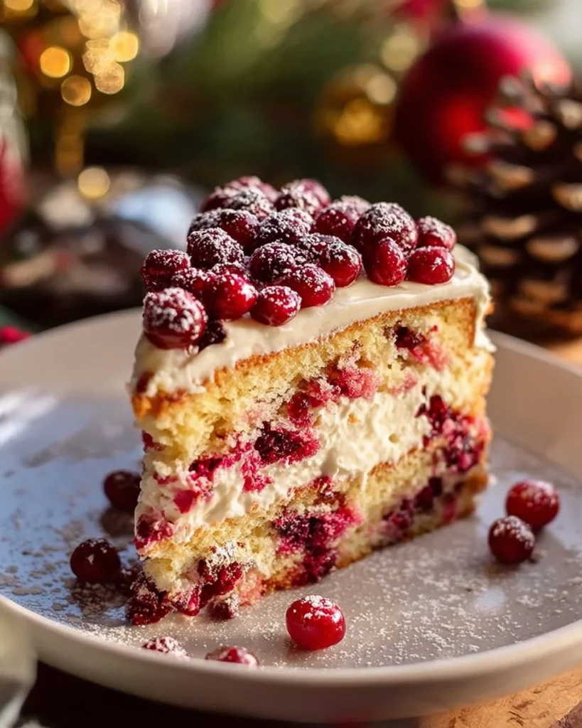 Delicious Christmas Cranberry Cake with festive decorations and cranberries.