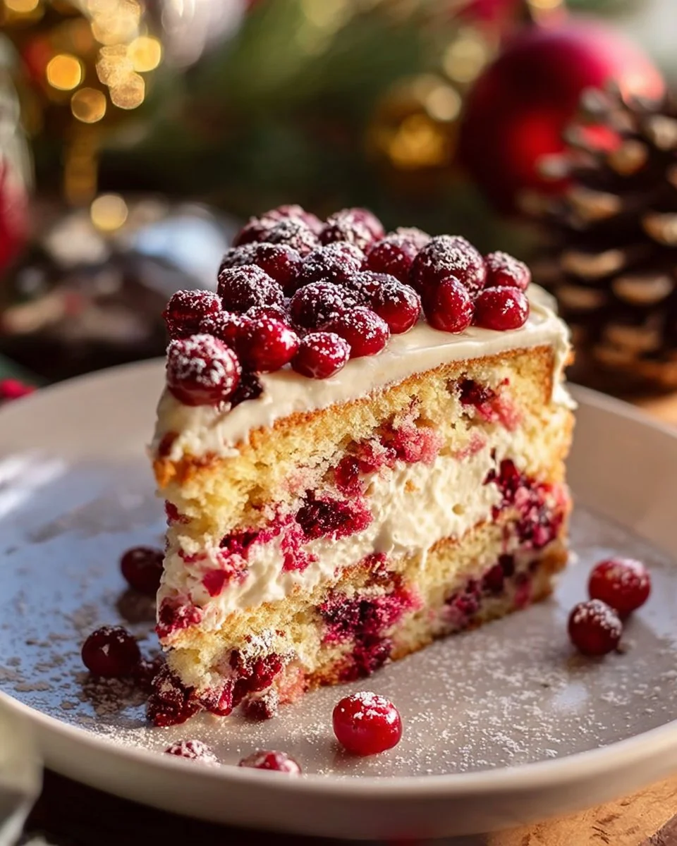 Delicious Christmas Cranberry Cake with festive decorations and cranberries.