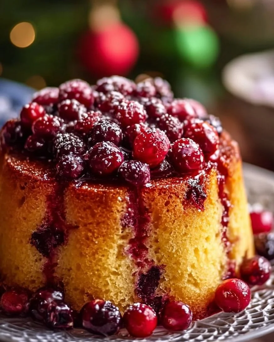 Delicious Christmas cranberry pound cake garnished with fresh cranberries.