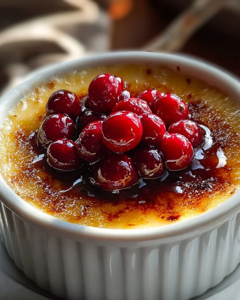 Delicious Christmas Eve Cranberry Crème Brûlée dessert topped with caramelized sugar.