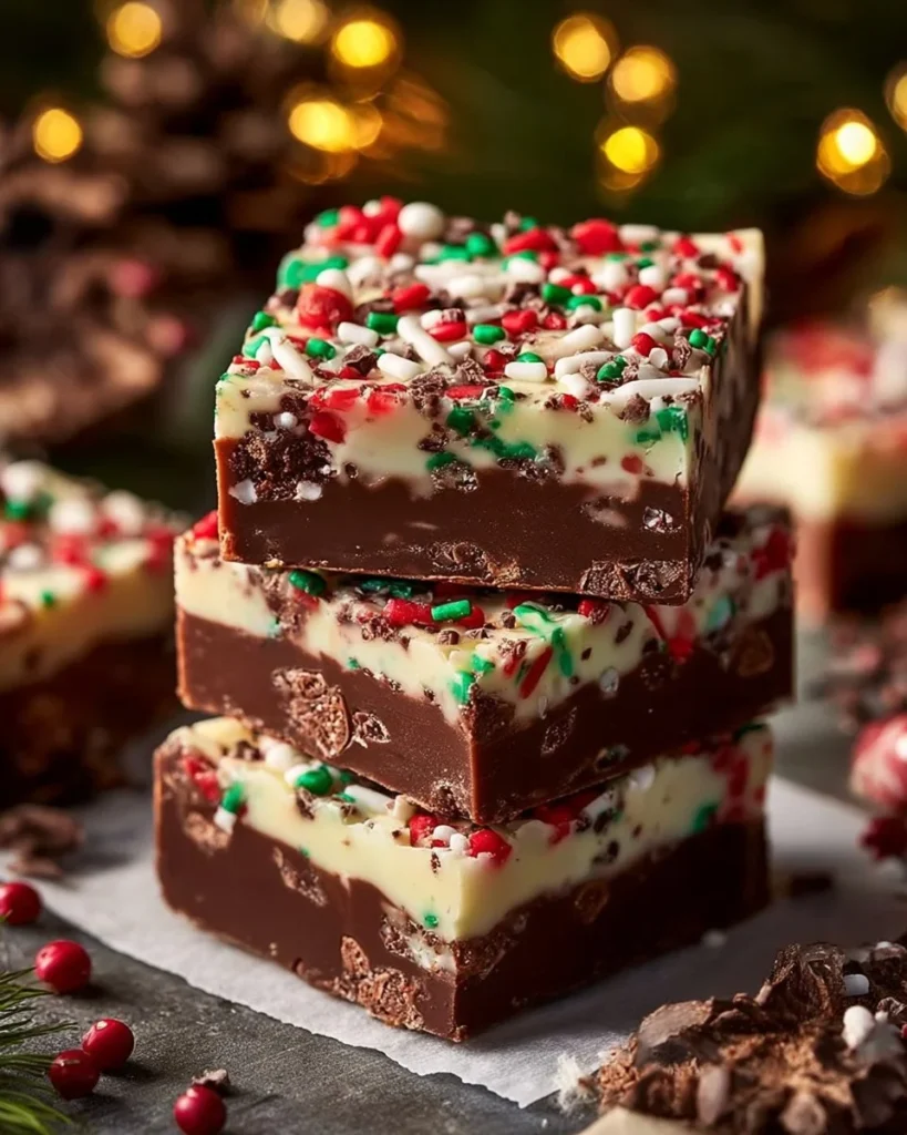 Delicious homemade Christmas Fudge on a festive table