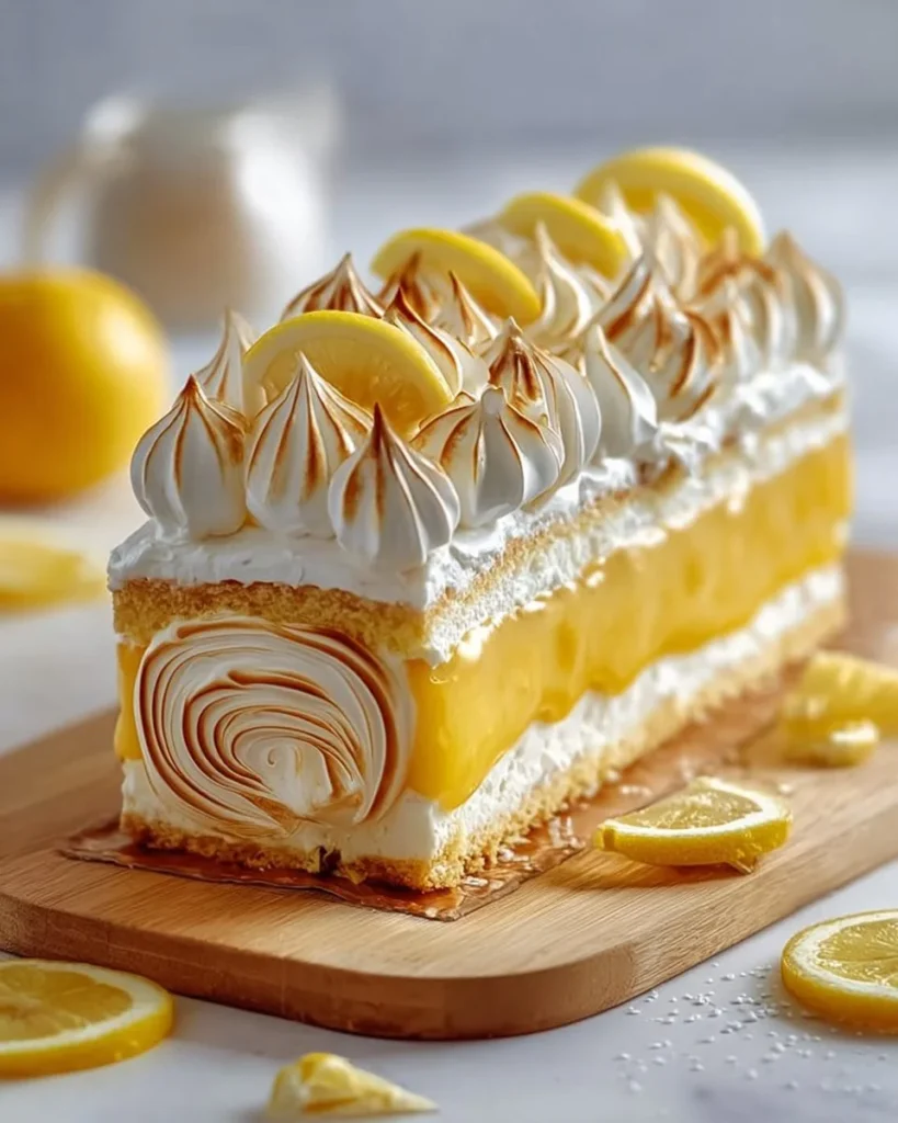 Christmas Log Lemon Meringue Tart with lemon filling and fluffy meringue topping.