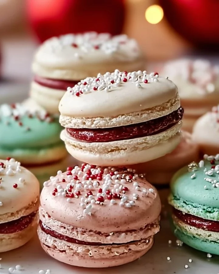 Colorful Christmas Macarons displayed on a festive platter
