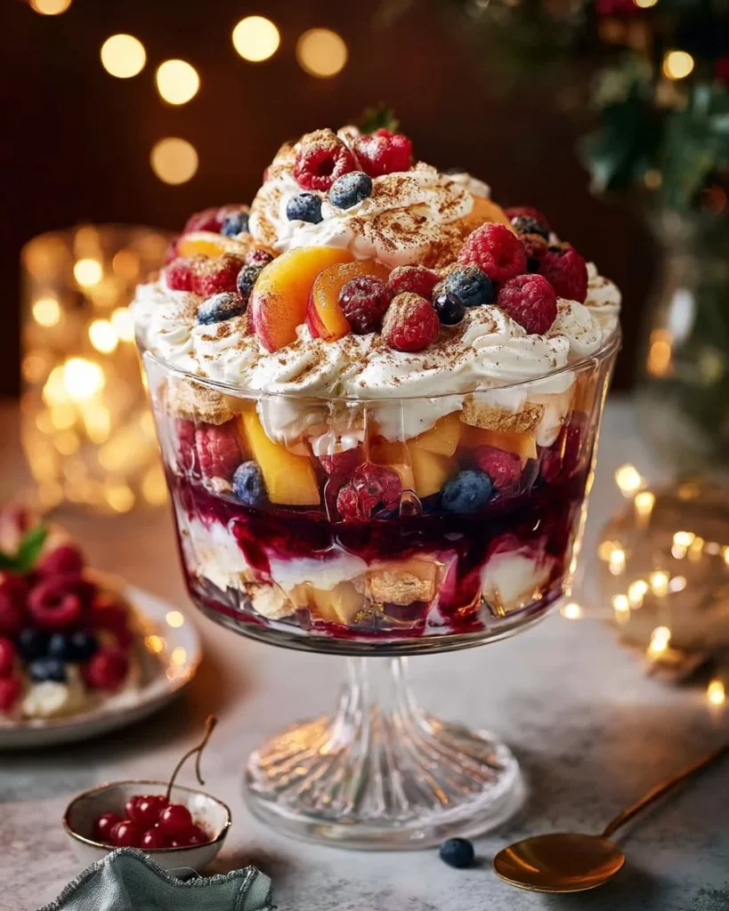 Christmas Pavlova Trifle with layers of meringue, cream, and fresh fruits