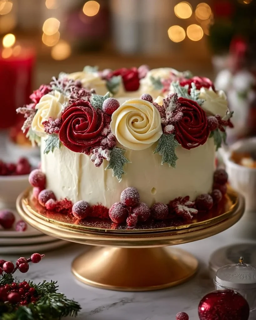 Christmas Red Velvet Wreath Cake decorated with cream cheese frosting and festive toppings.