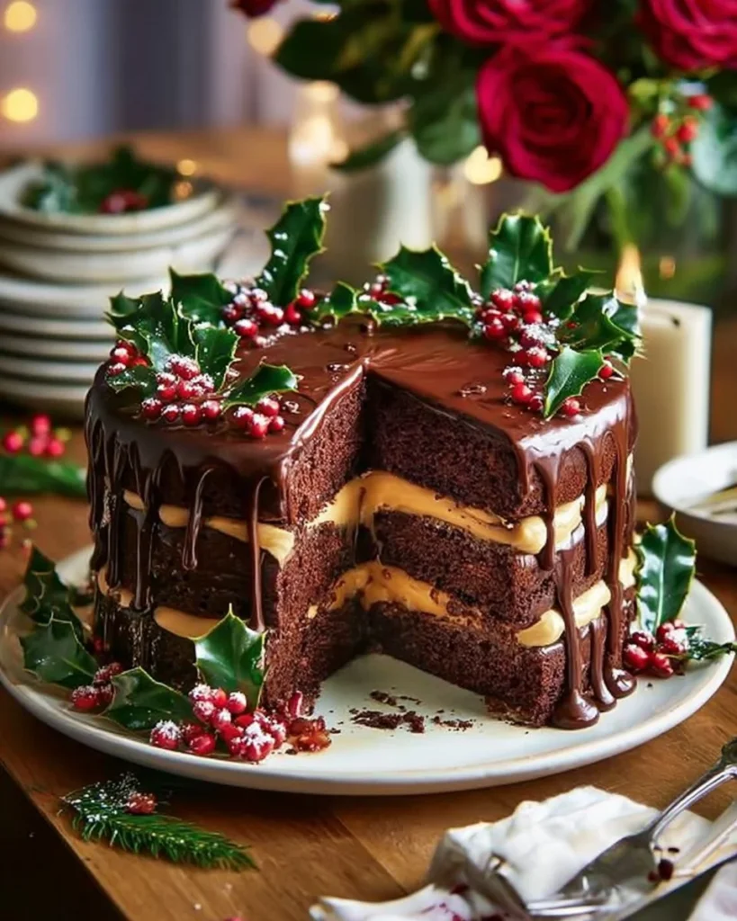 Christmas Salted Caramel Chocolate Layer Cake with rich chocolate and caramel topping