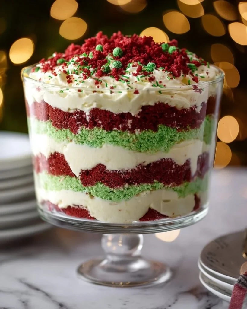 Delicious Christmas trifle dessert layered with cake, cream, and fruits.