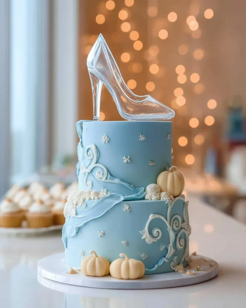Cinderella glass slipper birthday cake decorated with elegant designs
