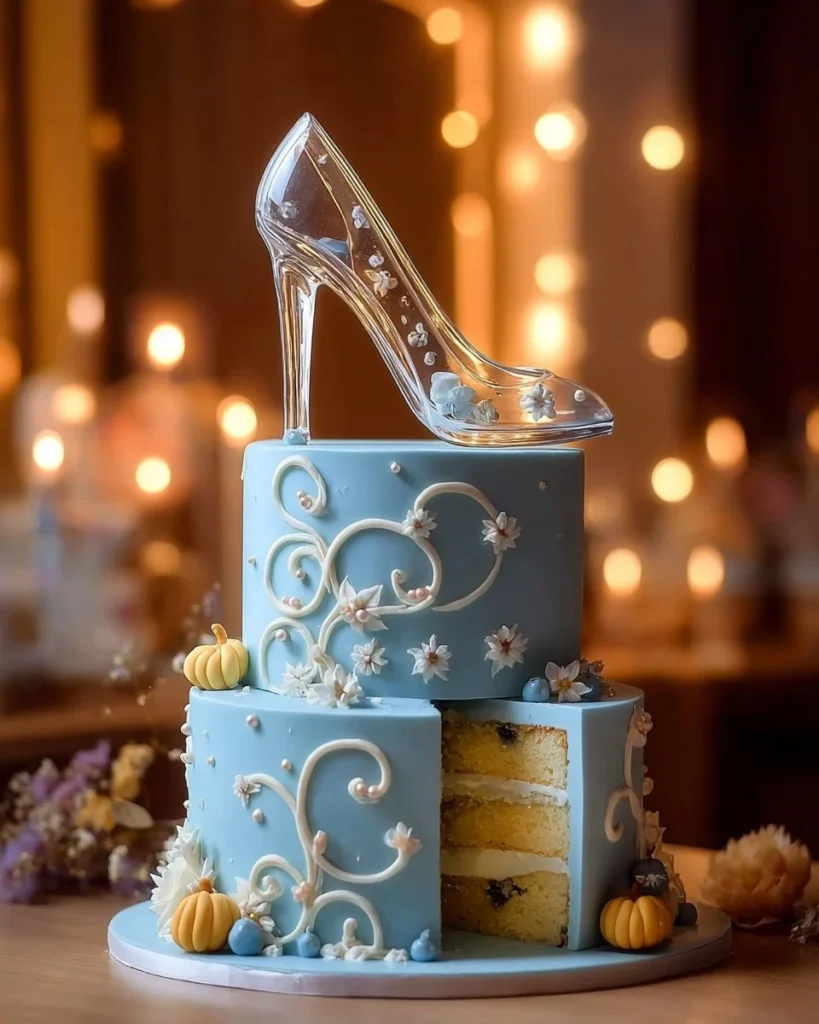 Cinderella glass slipper birthday cake decorated elegantly for a magical celebration.