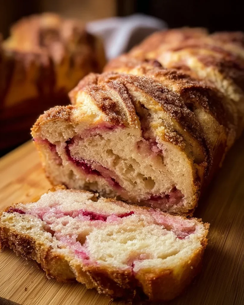 Freshly baked Cinnamon Rhubarb Bread with a golden crust and vibrant filling