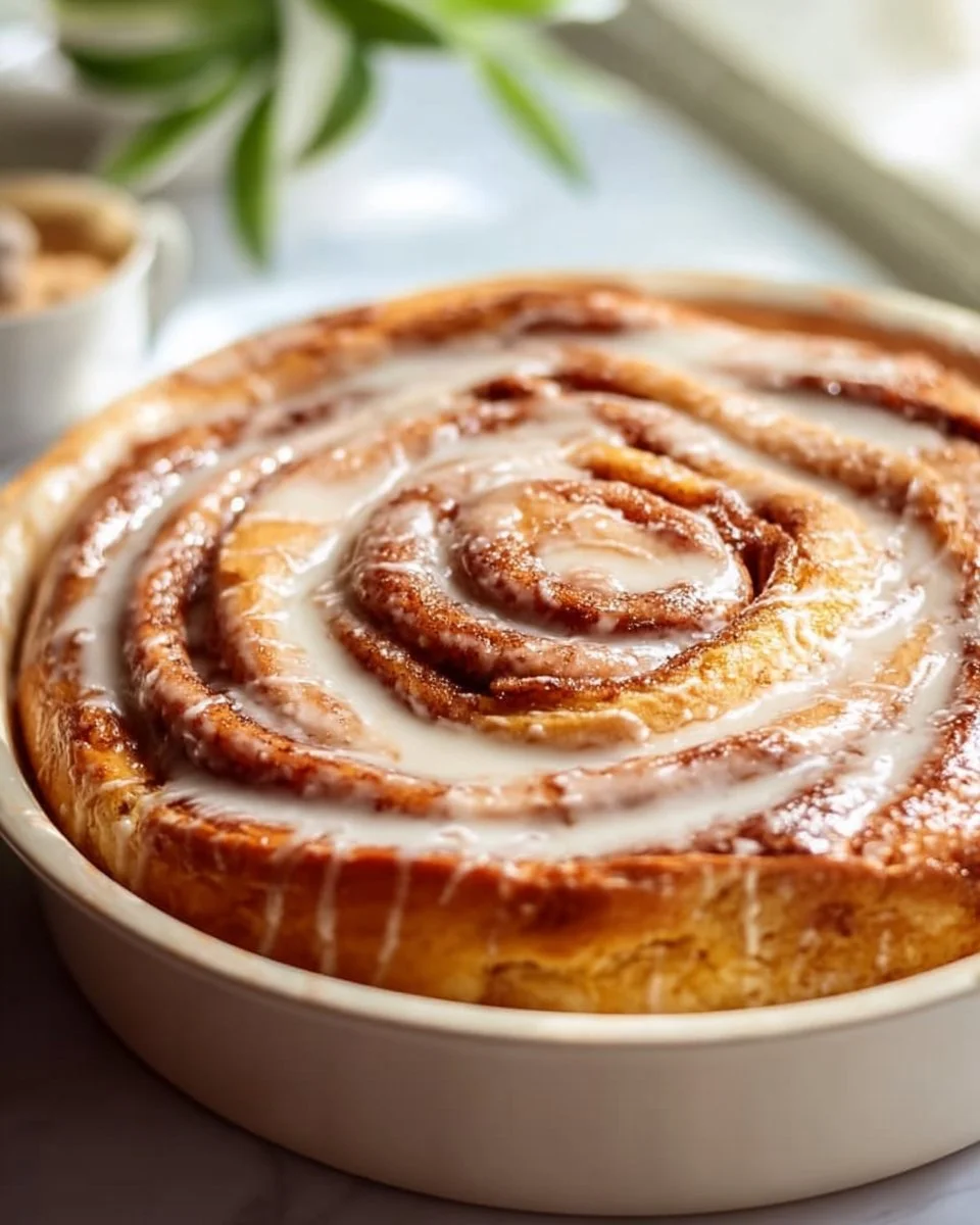 Delicious cinnamon roll cake with swirls of cinnamon and icing.