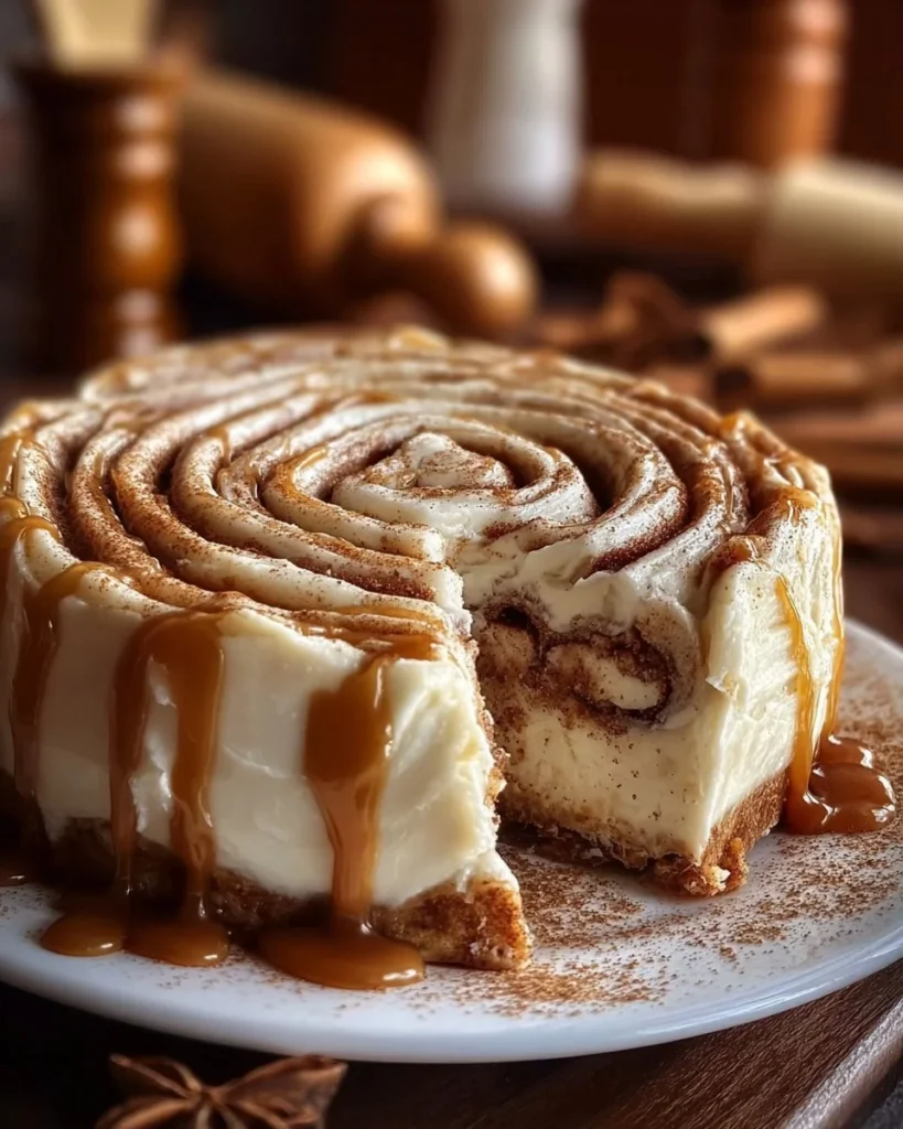 Delicious cinnamon roll cheesecake topped with creamy frosting and cinnamon swirls