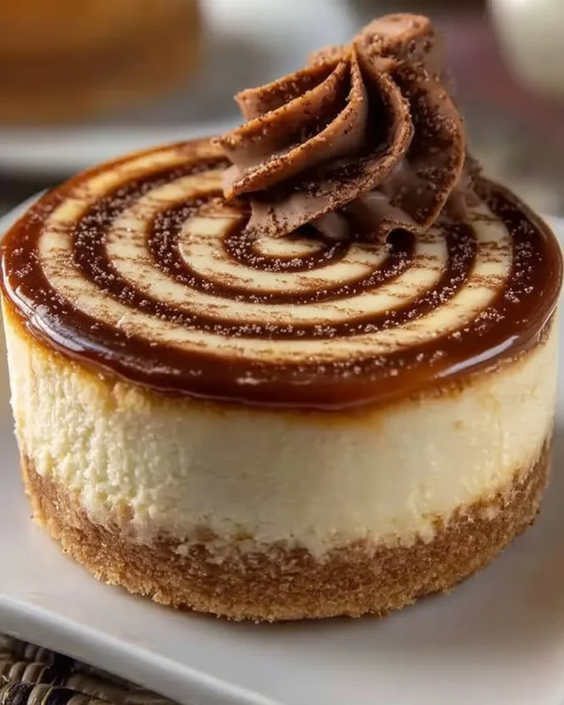 Delicious cinnamon roll cheesecake topped with cinnamon swirl