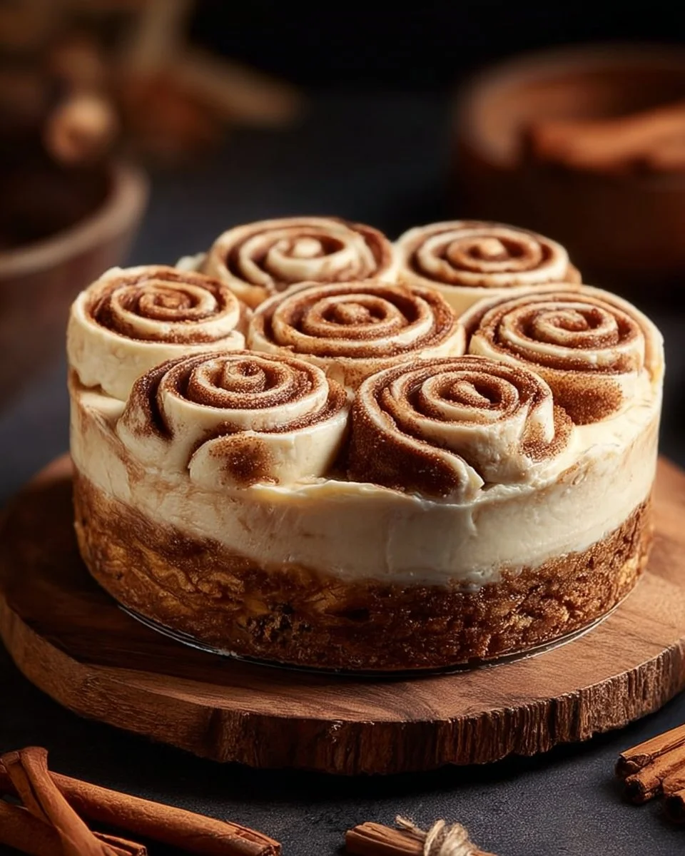 Delicious cinnamon roll cheesecake topped with cinnamon swirl and frosting.