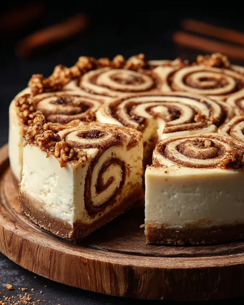 Delicious cinnamon roll cheesecake dessert served on a plate.