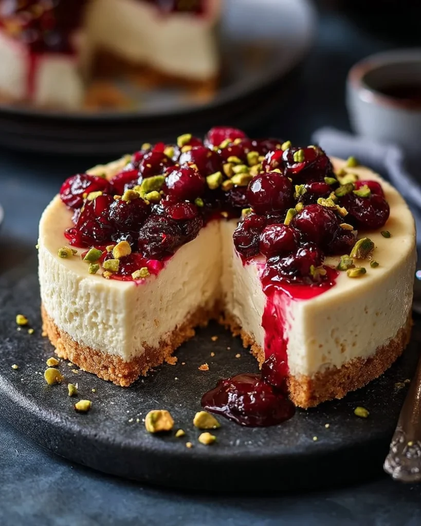 Slice of Citrus Pistachio Cherry Cheesecake with vibrant cherry topping