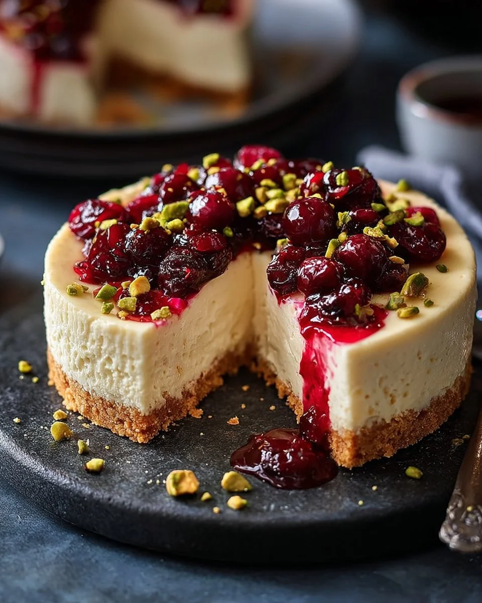 Slice of Citrus Pistachio Cherry Cheesecake with vibrant cherry topping