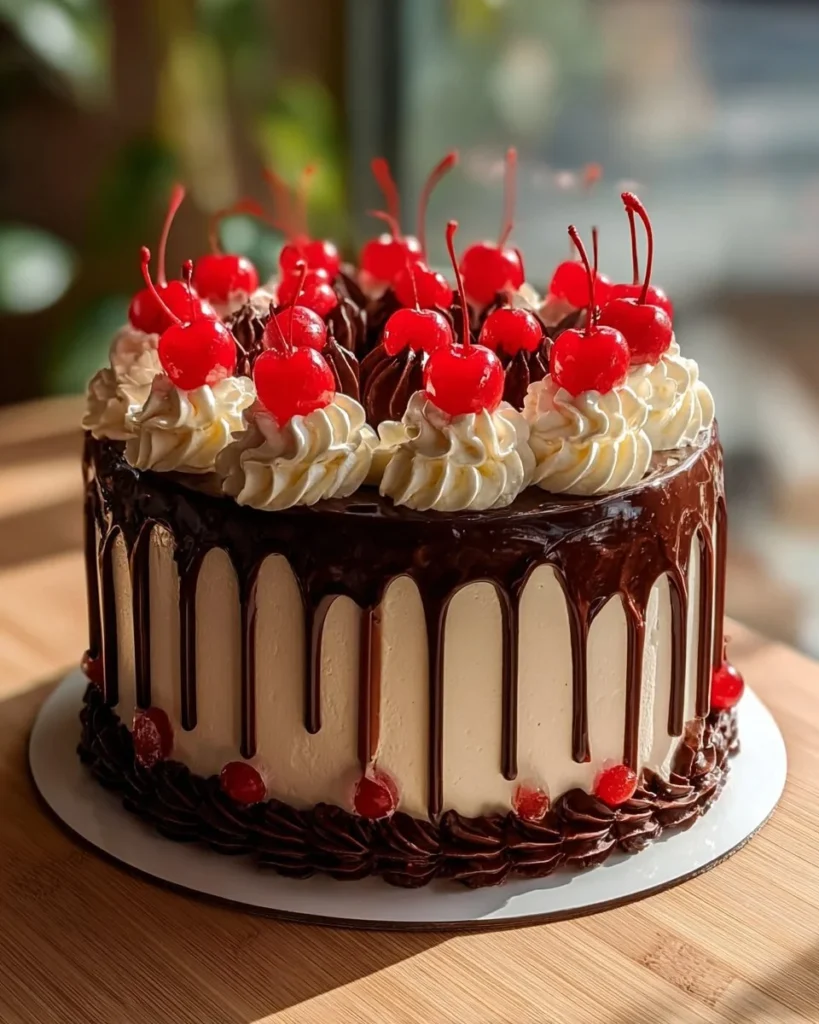 Classic Black Forest Cake with cherries and whipped cream