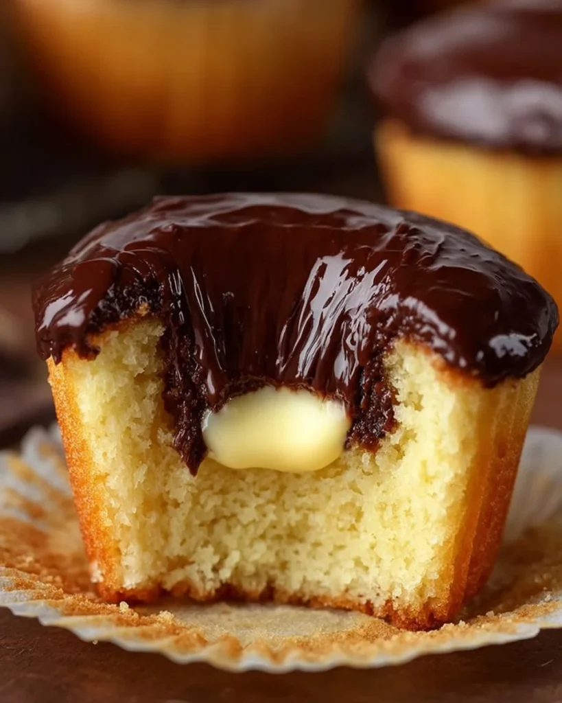 Classic Boston Cream Pie Cupcakes topped with rich chocolate ganache