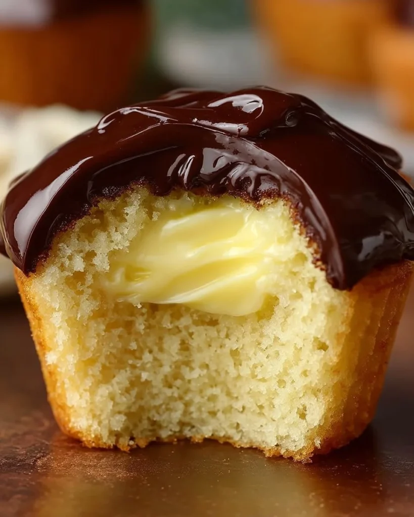 Delicious Boston Cream Pie cupcakes topped with chocolate and pastry cream.