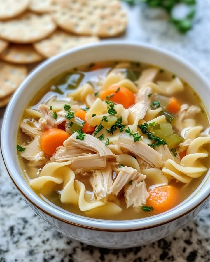 Bowl of classic chicken noodle soup with vegetables and herbs.
