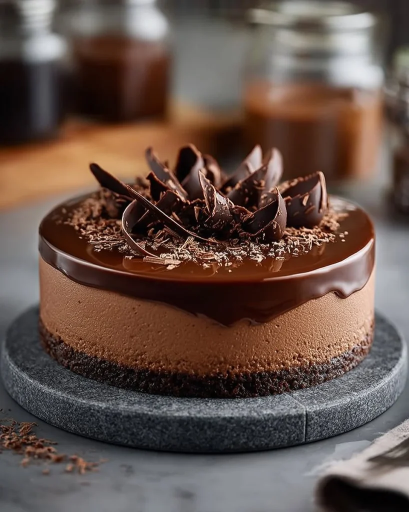 Delicious classic chocolate cheesecake topped with chocolate shavings.