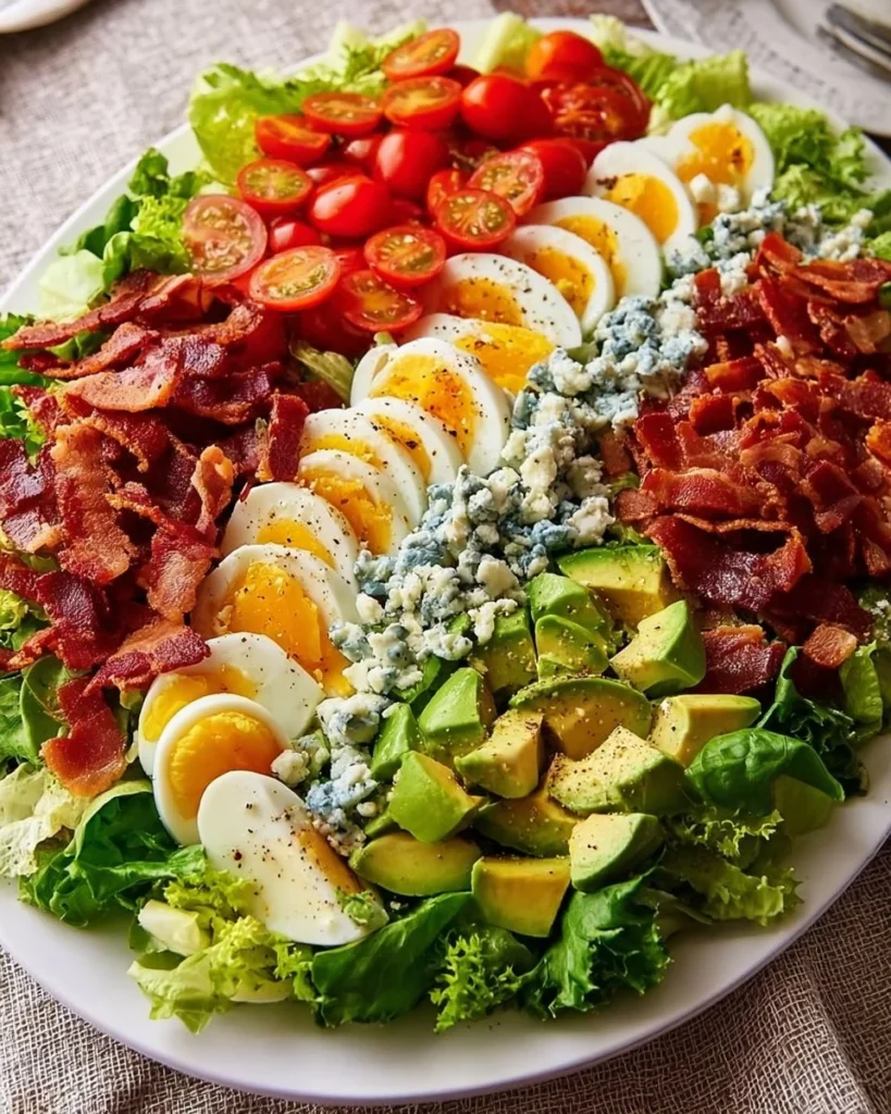 A vibrant Classic Cobb Salad with lettuce, chicken, bacon, avocado, and blue cheese.