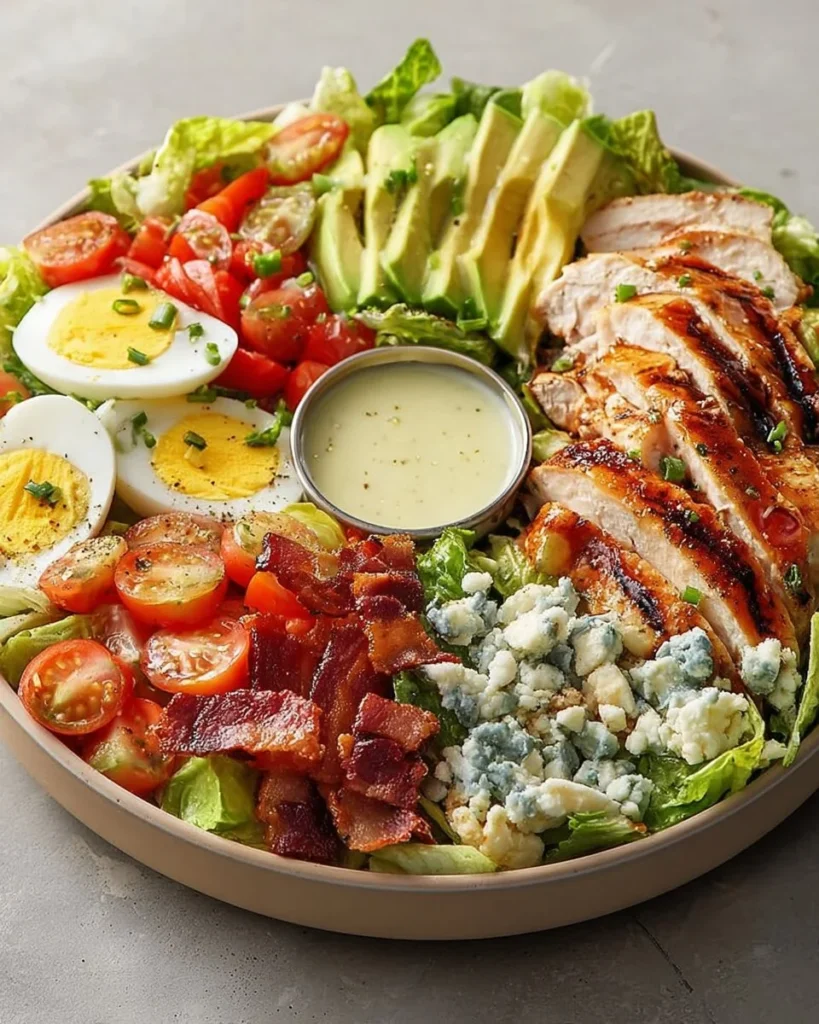 Classic Cobb Salad with greens, chicken, bacon, eggs, and avocado in a bowl